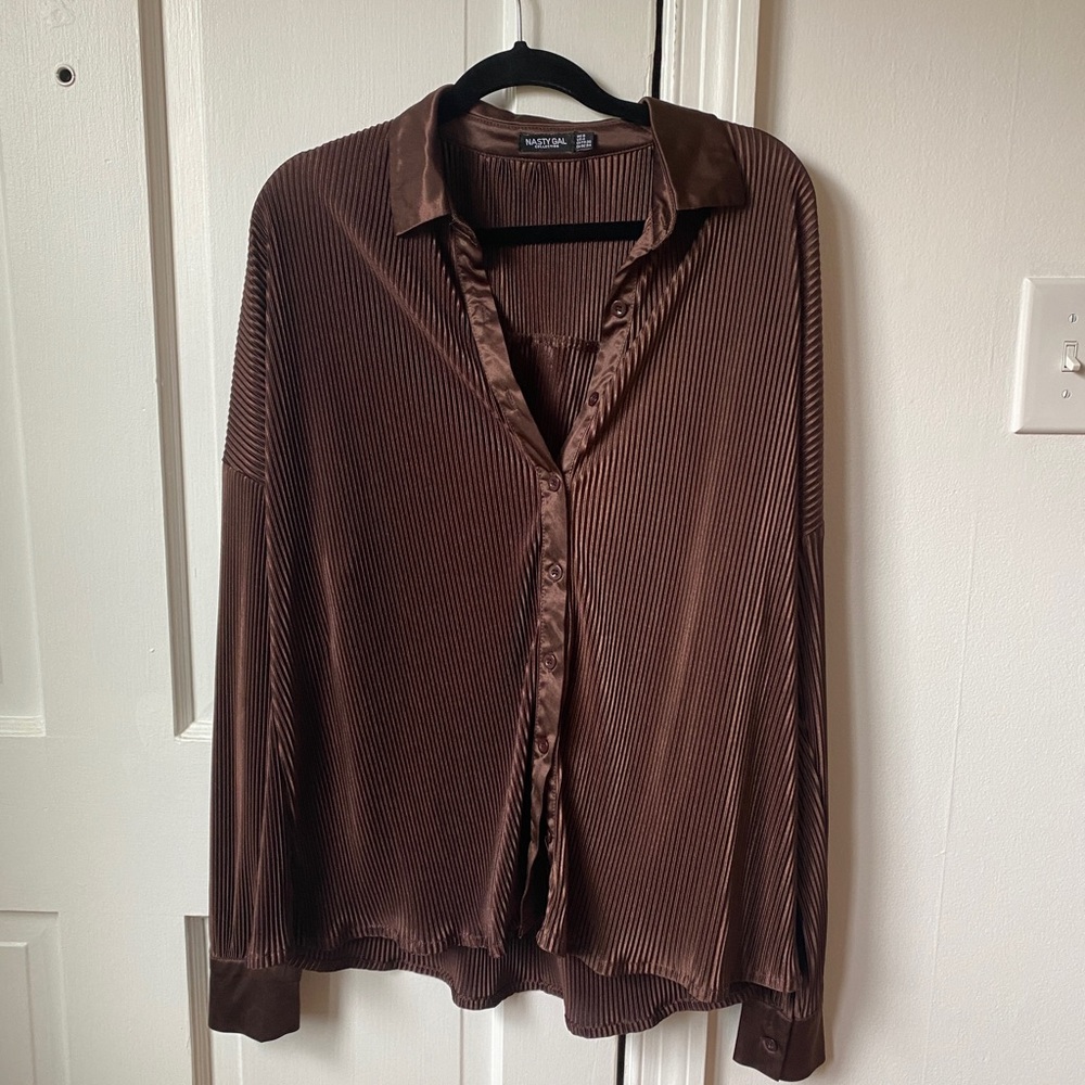 Chocolate ribbed satin button up